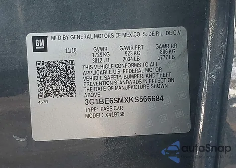 2019 Chevrolet Cruze Lt из США, поврежденный, VIN 3G1BE6SMXKS566684